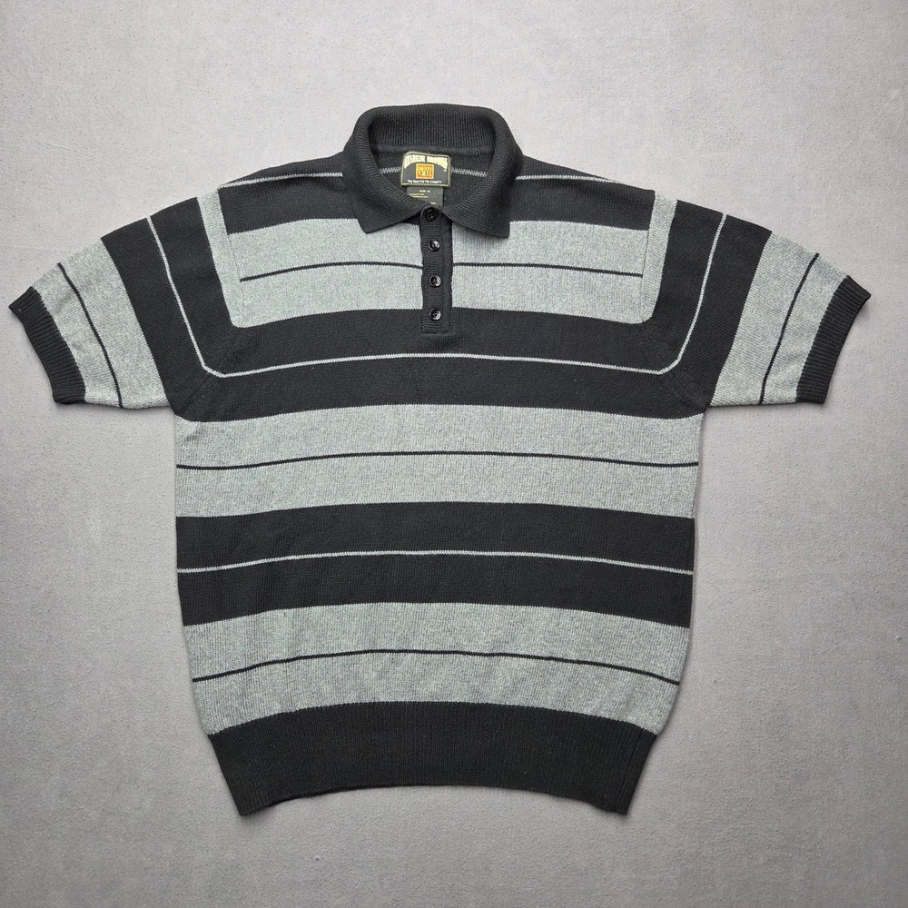 FB County Charlie Brown Polo Shirt Mens M Black Grey Striped Knit Short Sleeve
